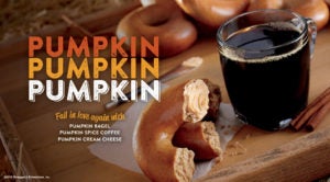 Bruegger's pumpkin bagels, cream cheese and coffee