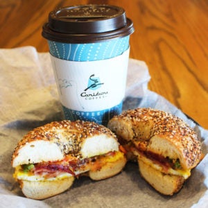 Bruegger's bagel with Caribou Coffee