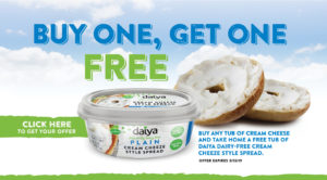 Curious about dairy-free cream cheese? Get a Free Tub of Daiya dairy-free cream cheeze style spread with ANY purchase of another cream cheese tub.