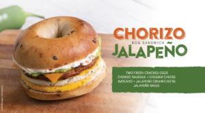 The new Chorizo Jalapeno Egg Sandwich, featuring two fresh-cracked eggs, chorizo sausage, cheddar cheese, avocado and Jalapeno Cream Cheese on a Jalapeno Bagel