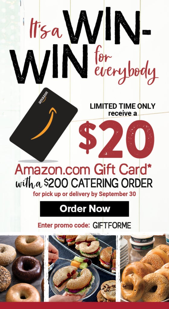 Get a $20 Amazon.com gift card for placing any $200 or more catering order for pickup or delivery by September 30th.