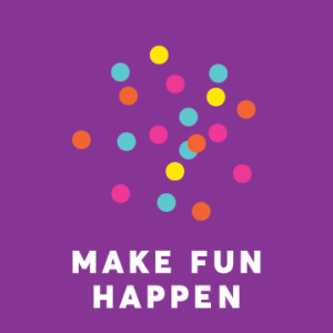 Colorful dots above the text: make fun happen