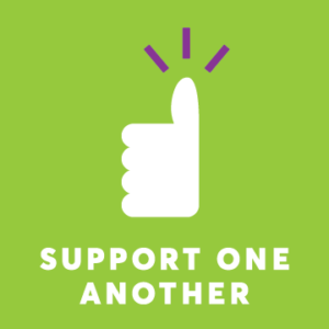 Thumbs-up icon above text: support one another