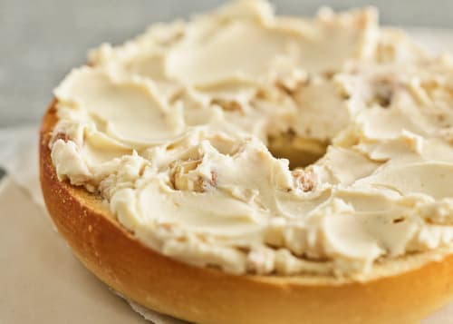 A Toasted Bruegger's Bagel with Honey Almond Shmear